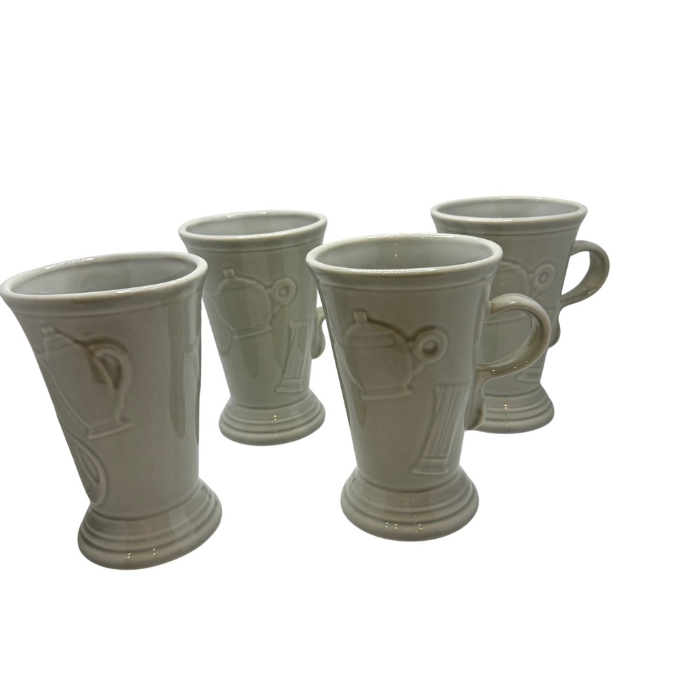 Vtg Fiesta Pearl Gray Latte Mugs Set 4 Embossed Coffee Carafe 18oz Retired